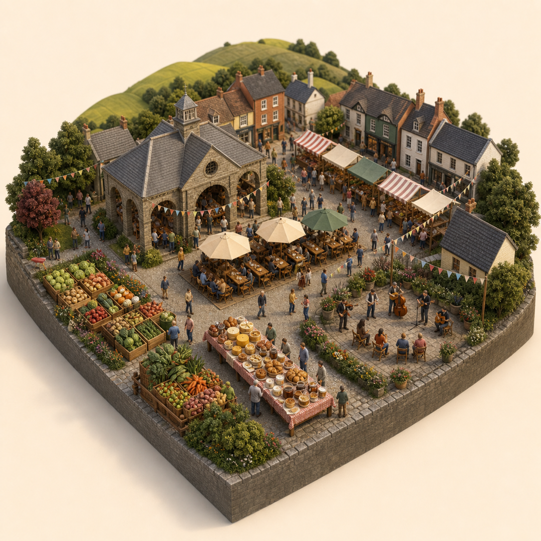 Abergavenny Food Festival immersive miniature model visual journey with Food market stalls, Market lane, Local food stalls, Regional specialties table, Street music corner
