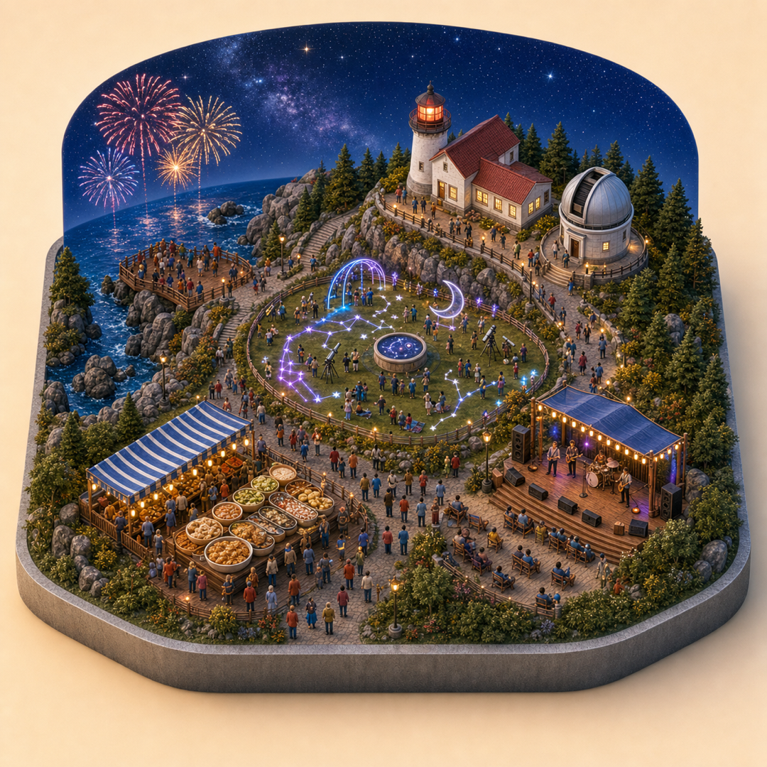Acadia Night Sky Festival immersive miniature model with fireworks cue, lights cue, stargazing light display, street food table, and outdoor music corner