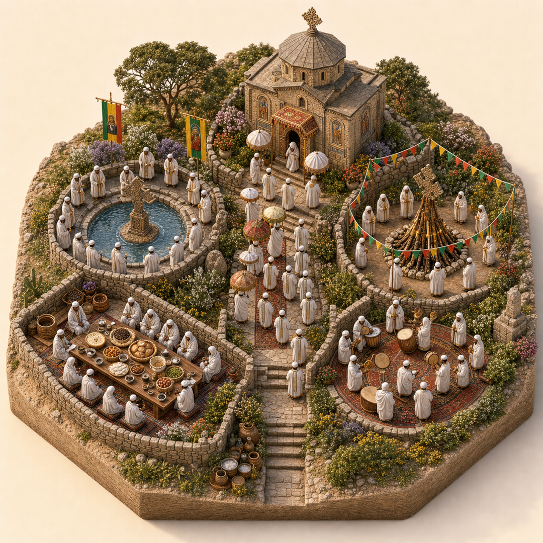 Addis Ababa Timket, Meskel, and Orthodox Feast immersive miniature model with Timket holy-water basin, Meskel cross court, Church procession path, Bread and coffee table, Drum and chant corner
