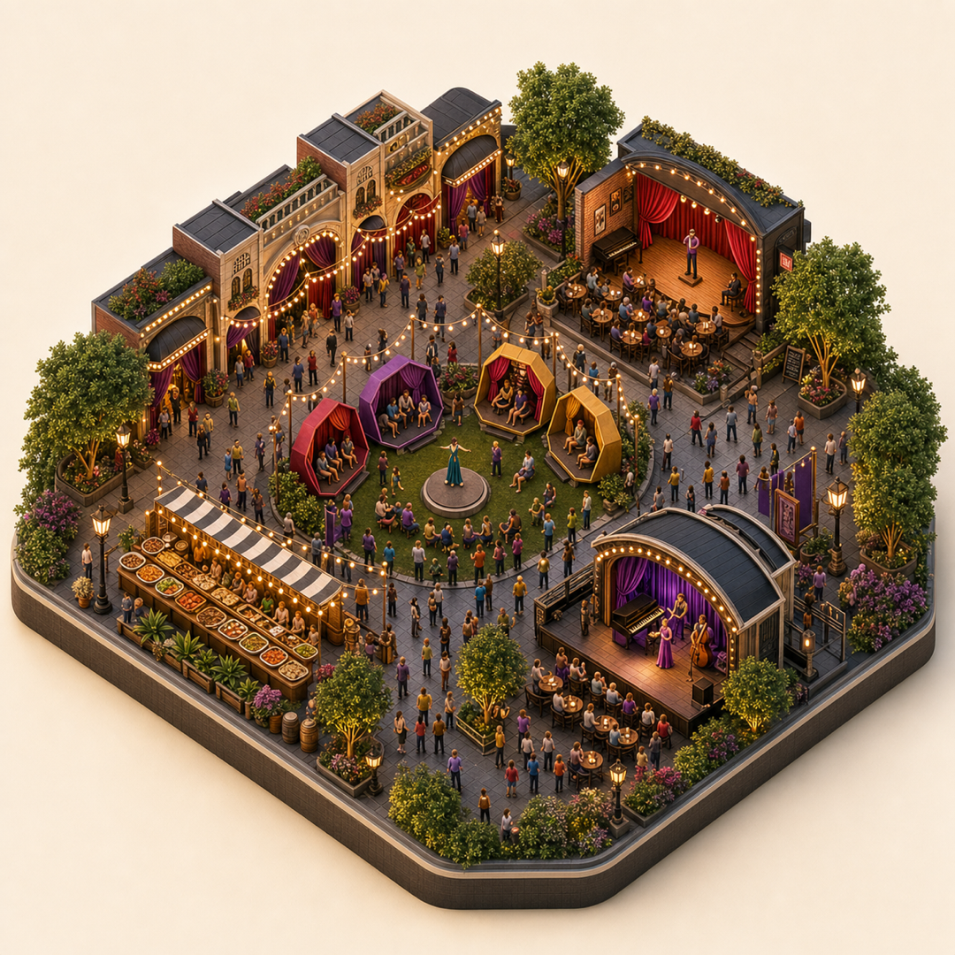 Miniature model visual journey for Adelaide Cabaret Festival, with five clickable festival zones.