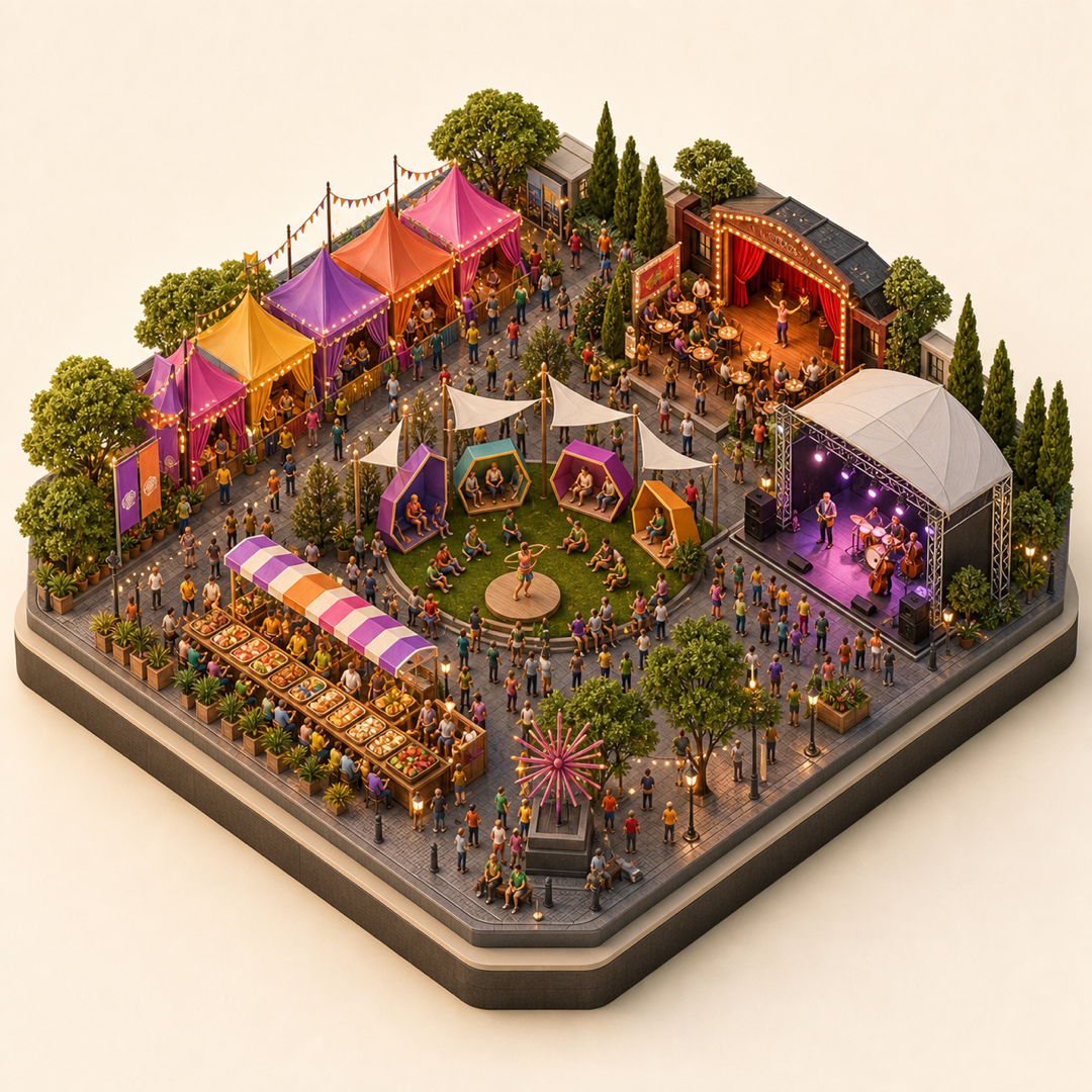 Miniature model visual journey for Adelaide Fringe, with five clickable festival zones.