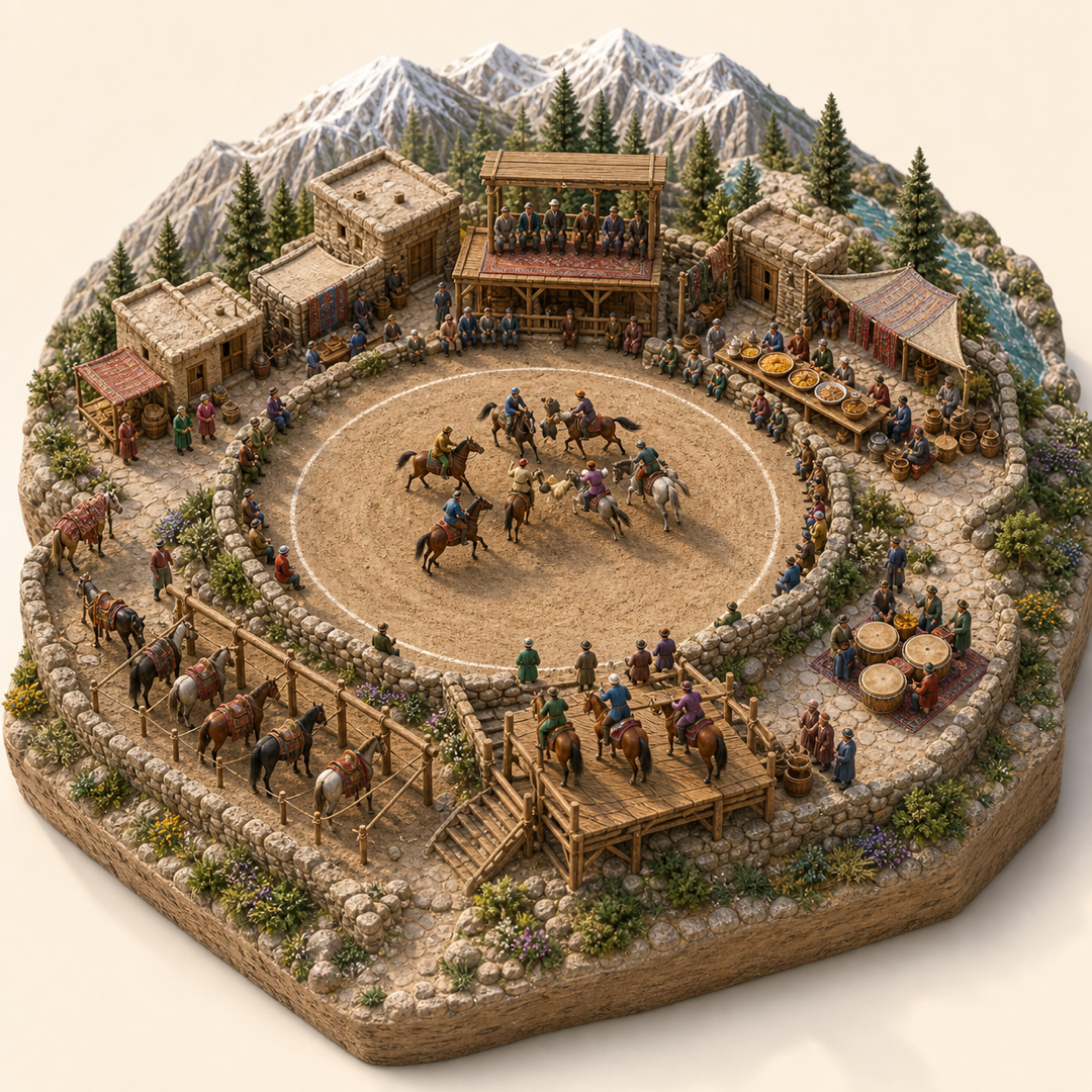 Buzkashi Horse Games in Badakhshan immersive miniature model with Buzkashi field, Horse rail, Rider gathering platform, Pilaf and tea table, Folk drum corner