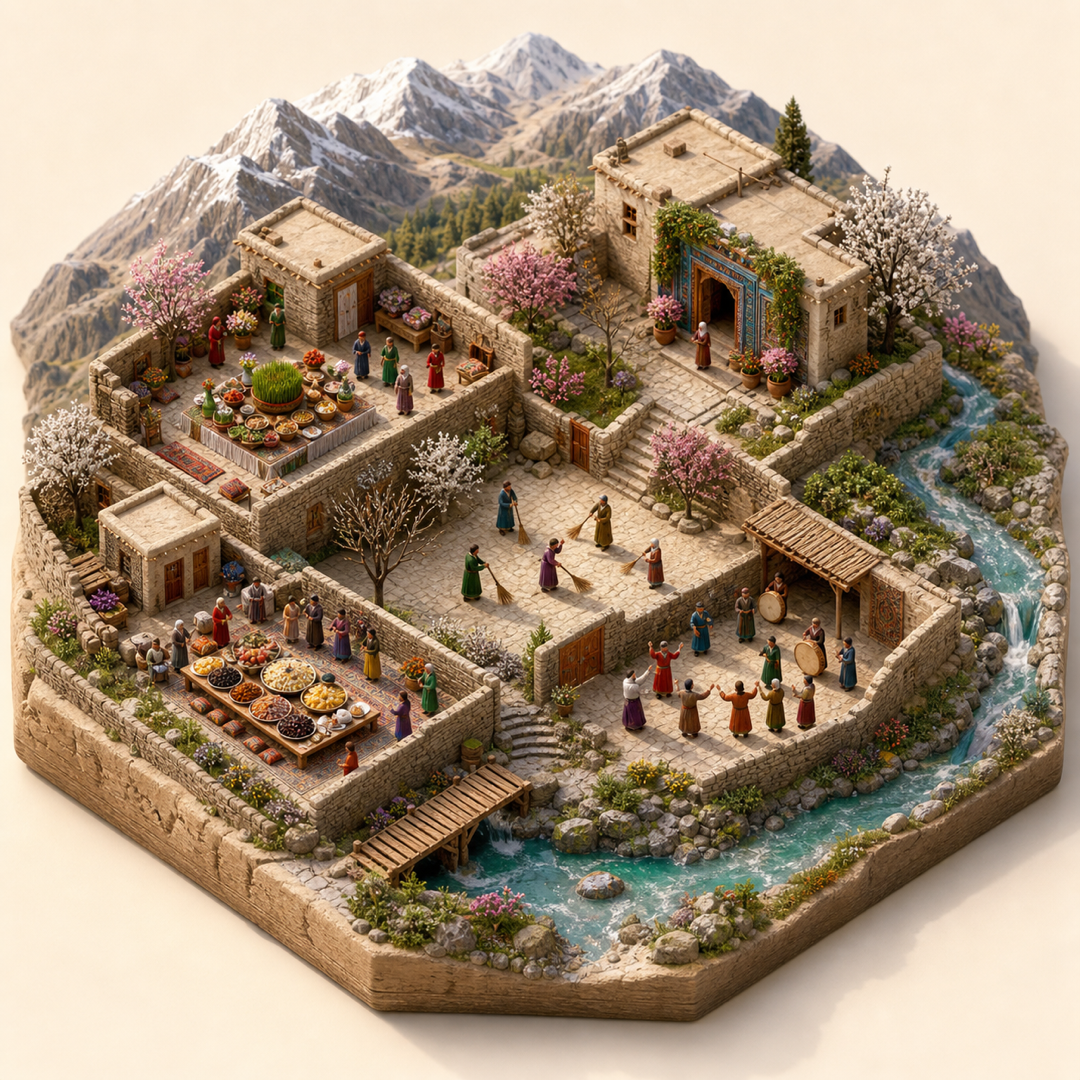Nowruz in Badakhshan immersive miniature model with Nowruz table, Spring doorway, Swept courtyard, Rice and dried-fruit table, Folk drum corner