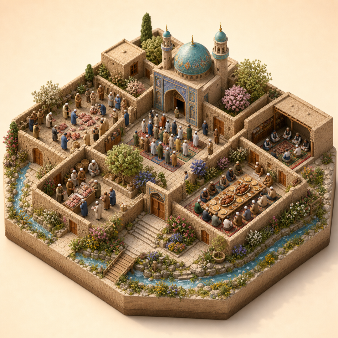 Eid al-Adha in Badghis immersive miniature model with Qurban sharing court, Prayer courtyard, Meat distribution table, Roasted meat table, Recitation alcove