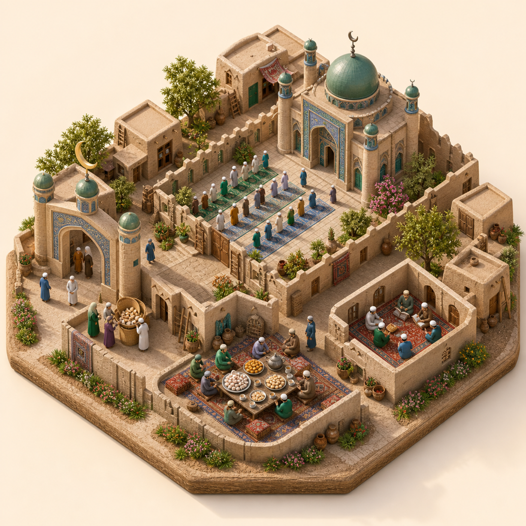 Eid al-Fitr in Badghis immersive miniature model with Crescent gateway, Prayer courtyard, Charity baskets, Sweets and tea table, Recitation alcove