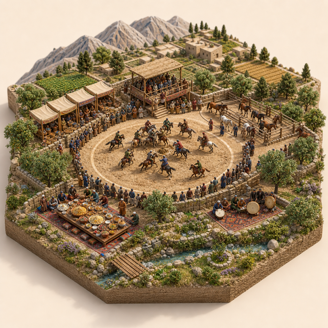 Buzkashi Horse Games in Baghlan immersive miniature model with Buzkashi field, Horse rail, Rider gathering platform, Pilaf and tea table, Folk drum corner