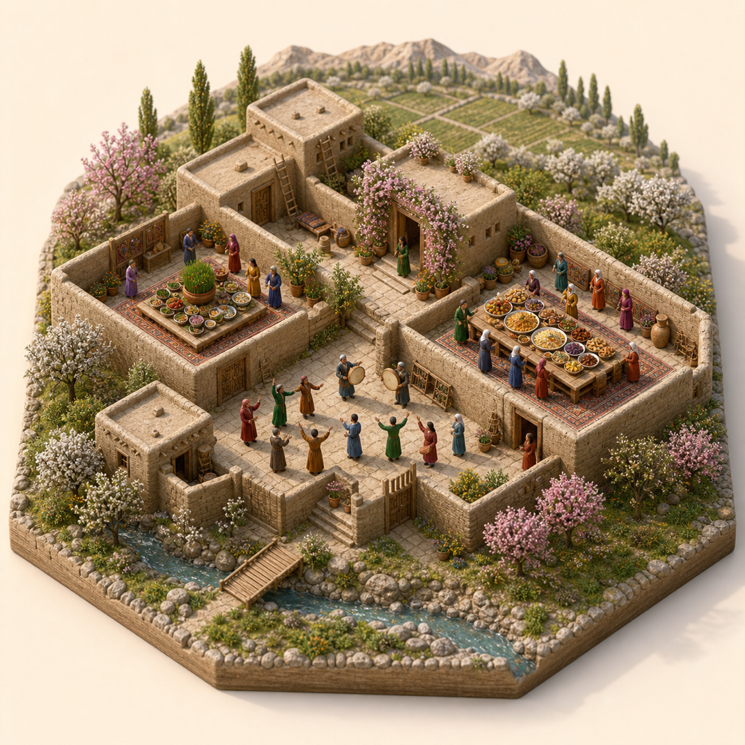 Nowruz in Baghlan immersive miniature model with Nowruz table, Spring doorway, Swept courtyard, Rice and dried-fruit table, Folk drum corner