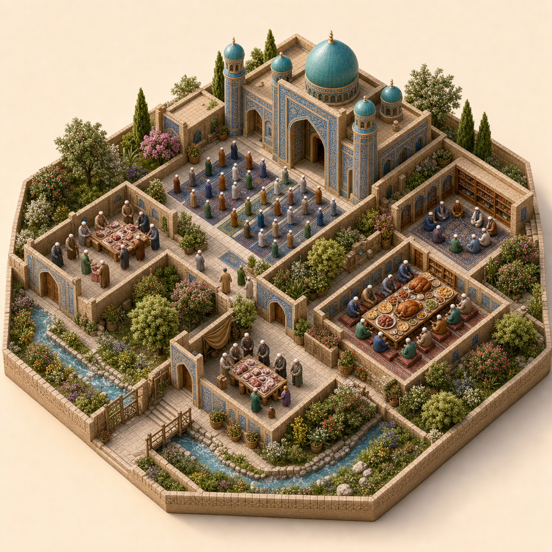 Eid al-Adha in Balkh immersive miniature model with Qurban sharing court, Prayer courtyard, Meat distribution table, Roasted meat table, Recitation alcove