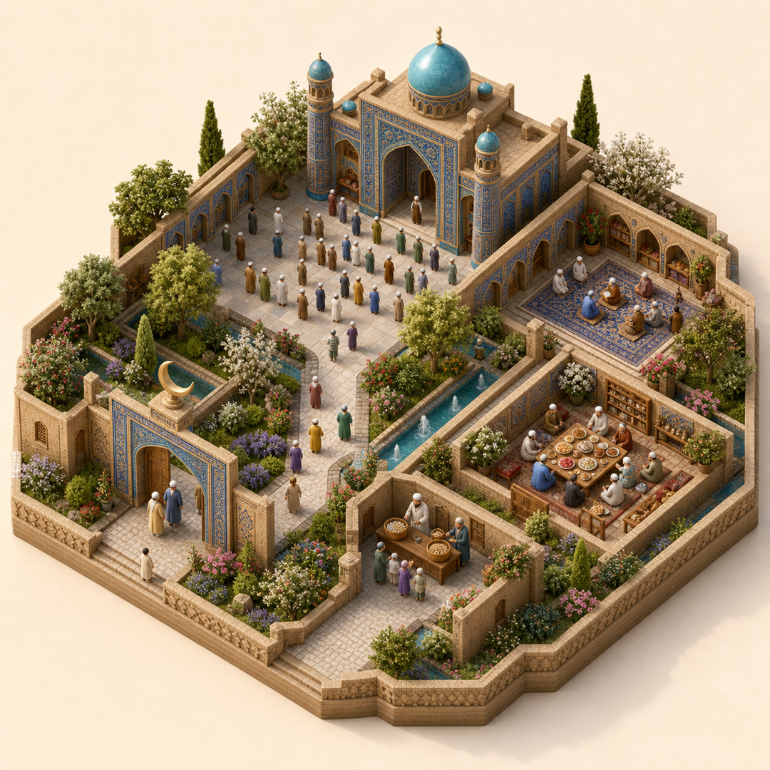 Eid al-Fitr in Balkh immersive miniature model with Crescent gateway, Prayer courtyard, Charity baskets, Sweets and tea table, Recitation alcove