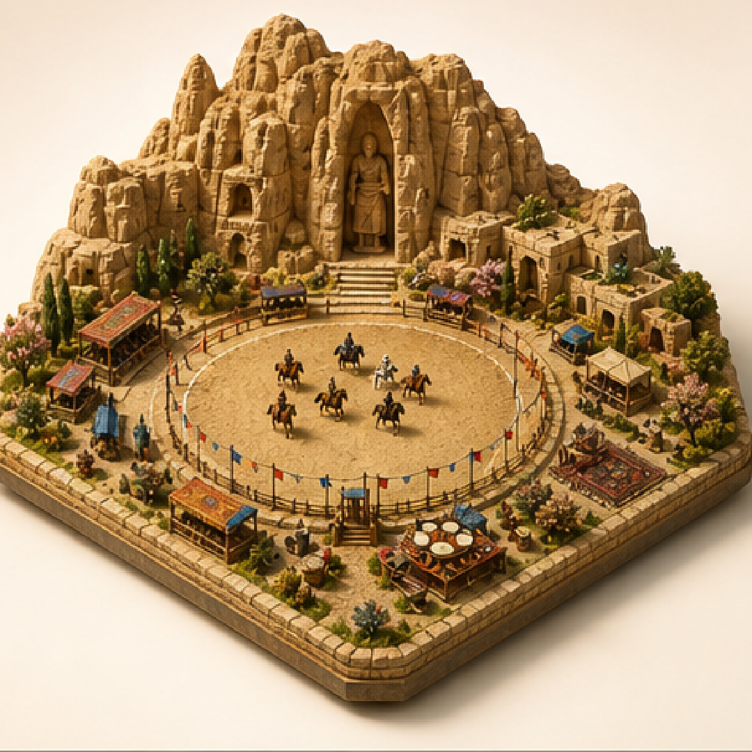 Buzkashi Horse Games in Bamyan immersive miniature model with Buzkashi field, Horse tack rail, Match circle, Pilaf table, Folk drumming corner