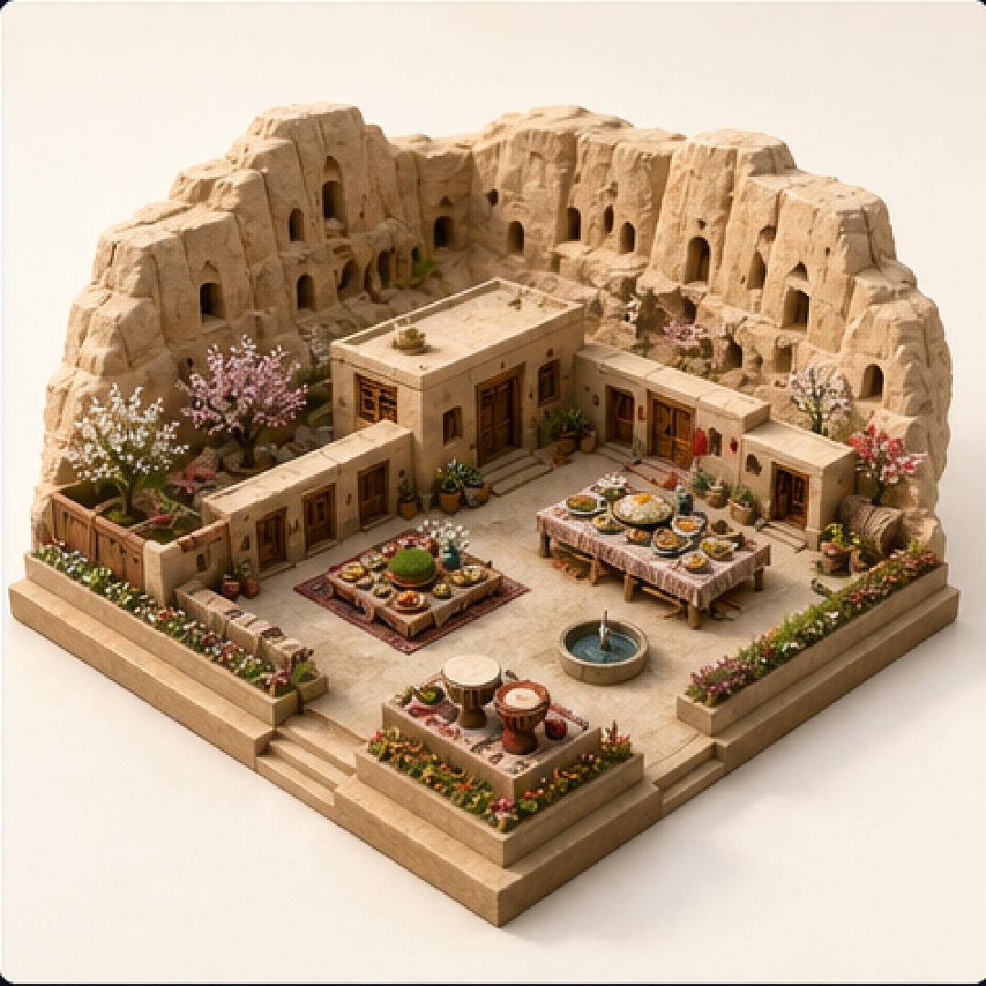 Nowruz in Bamyan immersive miniature model with Nowruz table, Spring sprout tray, Spring cleaning threshold, Festival rice dishes table, Folk song drum corner