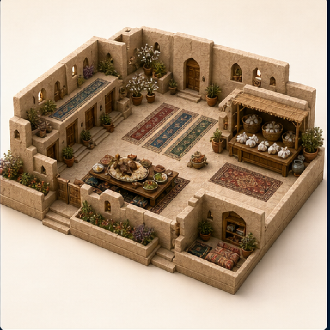 Eid al-Adha in Daykundi immersive miniature model with Eid prayer court, Qurban sharing counter, Eid prayer rows, Roasted meat table, Recitation alcove