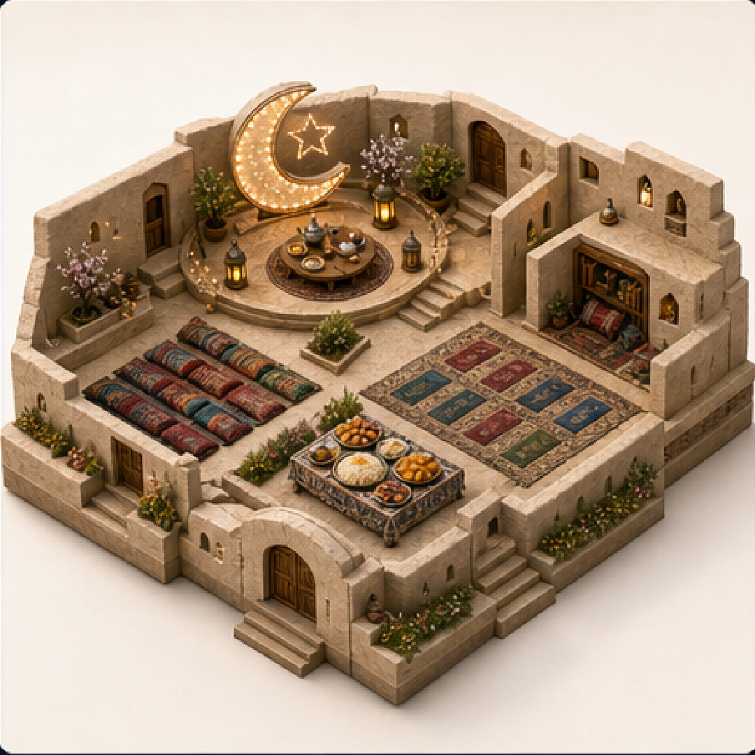 Eid al-Fitr in Daykundi immersive miniature model with Eid crescent court, Ramadan lantern table, Eid prayer rows, Festival sweets table, Recitation alcove