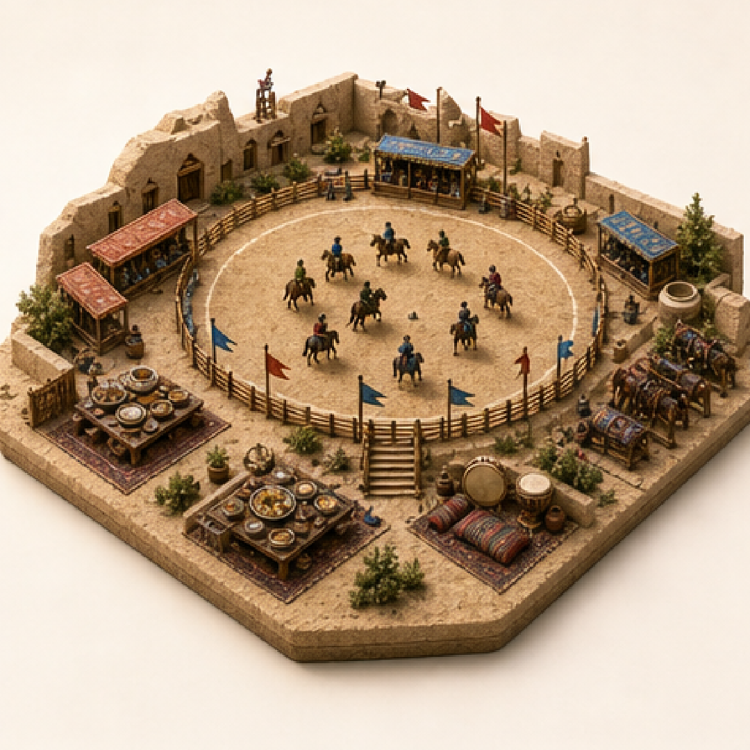 Buzkashi Horse Games in Farah immersive miniature model with Buzkashi field, Horse tack rail, Match circle, Pilaf table, Folk drumming corner