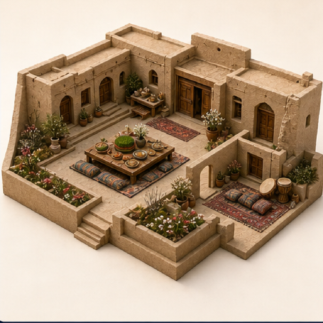 Nowruz in Farah immersive miniature model with Nowruz table, Spring sprout tray, Spring cleaning threshold, Festival rice dishes table, Folk song drum corner