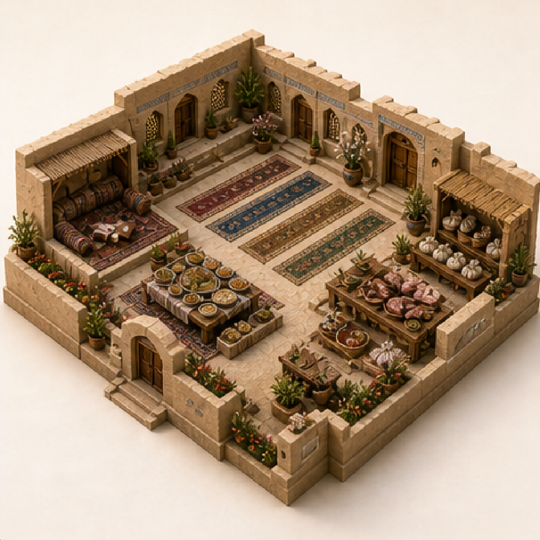 Eid al-Adha in Faryab immersive miniature model with Eid prayer court, Qurban sharing counter, Eid prayer rows, Roasted meat table, Recitation alcove