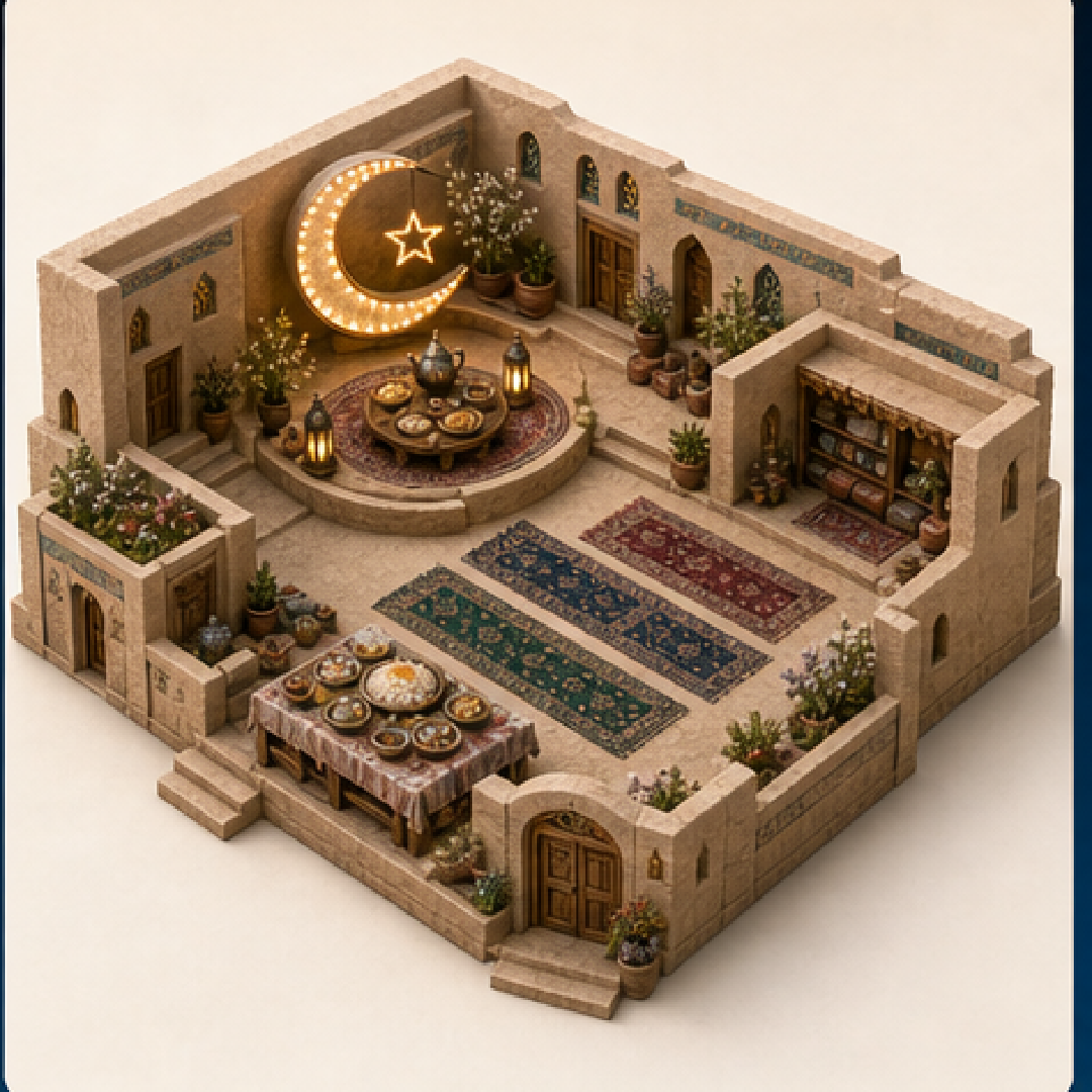 Eid al-Fitr in Faryab immersive miniature model with Eid crescent court, Ramadan lantern table, Eid prayer rows, Festival sweets table, Recitation alcove