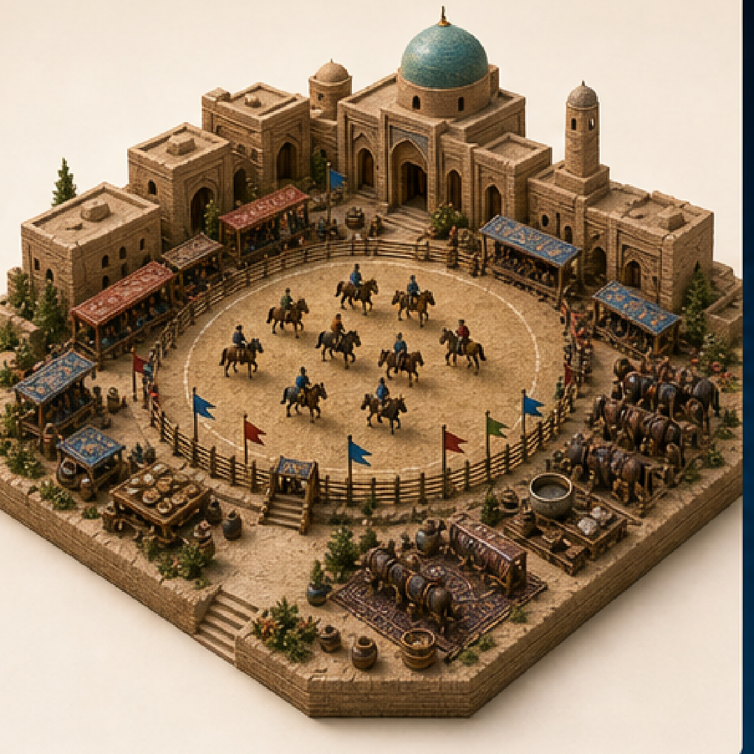 Buzkashi Horse Games in Ghazni immersive miniature model with Buzkashi field, Horse tack rail, Match circle, Pilaf table, Folk drumming corner