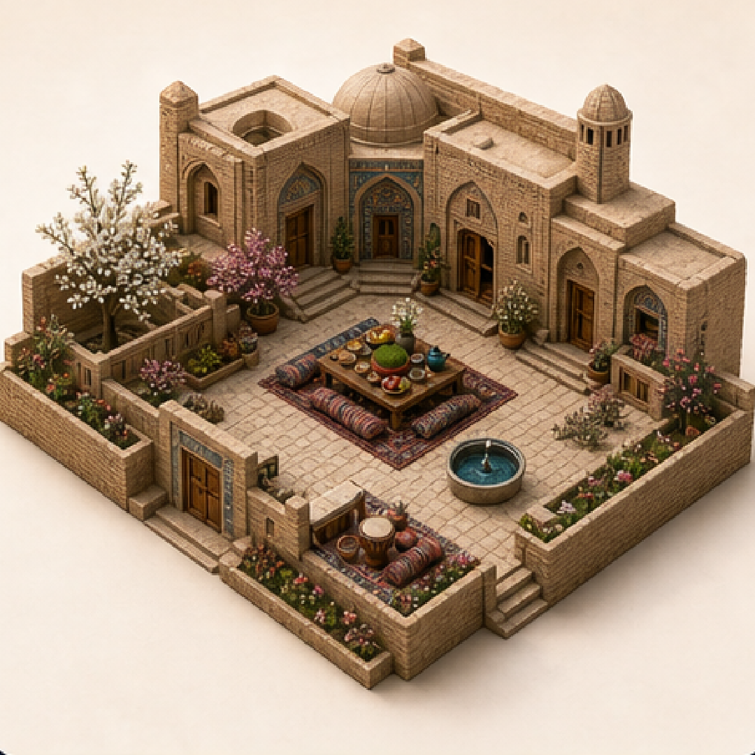 Nowruz in Ghazni immersive miniature model with Nowruz table, Spring sprout tray, Spring cleaning threshold, Festival rice dishes table, Folk song drum corner