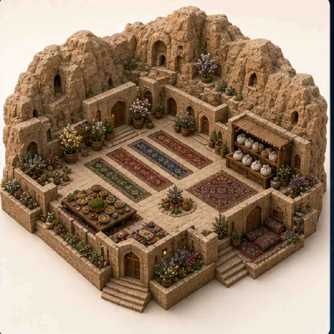 Eid al-Adha in Ghor immersive miniature model with Eid prayer court, Qurban sharing counter, Eid prayer rows, Roasted meat table, Recitation alcove