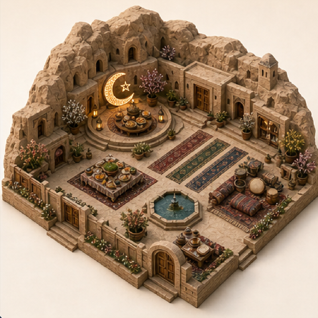 Eid al-Fitr in Ghor immersive miniature model with Eid crescent court, Ramadan lantern table, Eid prayer rows, Festival sweets table, Recitation alcove