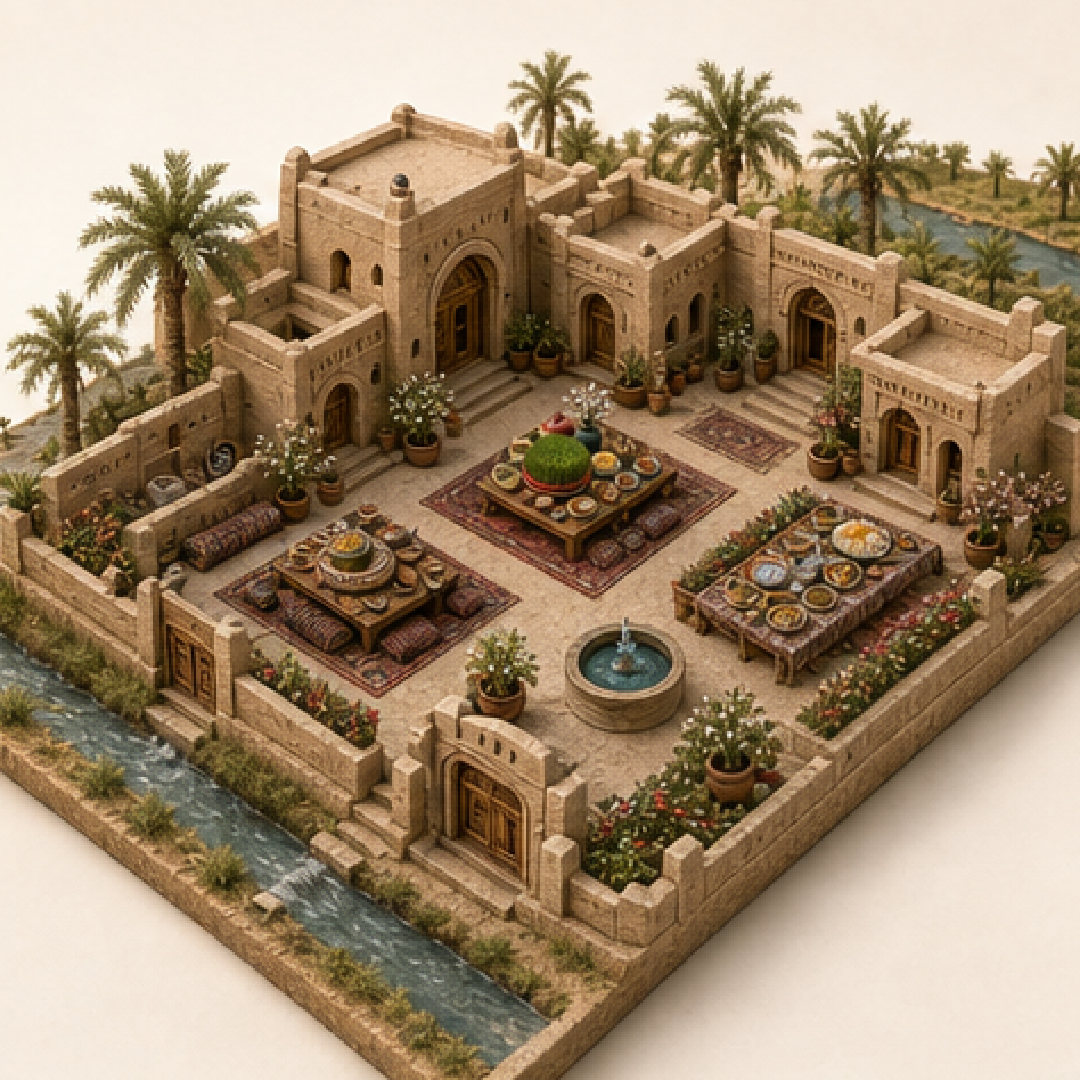 Nowruz in Helmand immersive miniature model with Nowruz table, Spring sprout tray, Spring cleaning threshold, Festival rice dishes table, Folk song drum corner