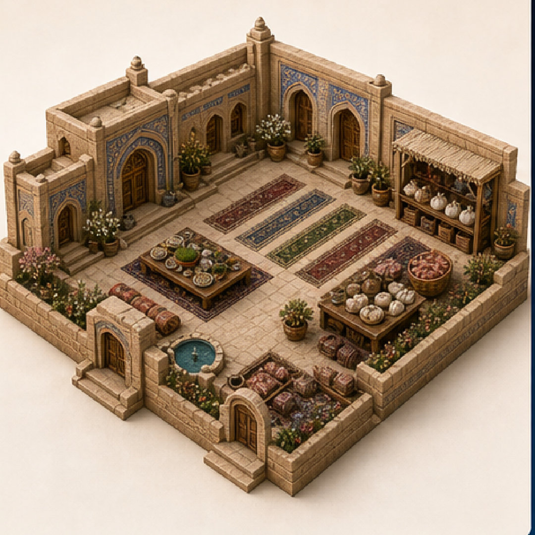 Eid al-Adha in Herat immersive miniature model with Eid prayer court, Qurban sharing counter, Eid prayer rows, Roasted meat table, Recitation alcove