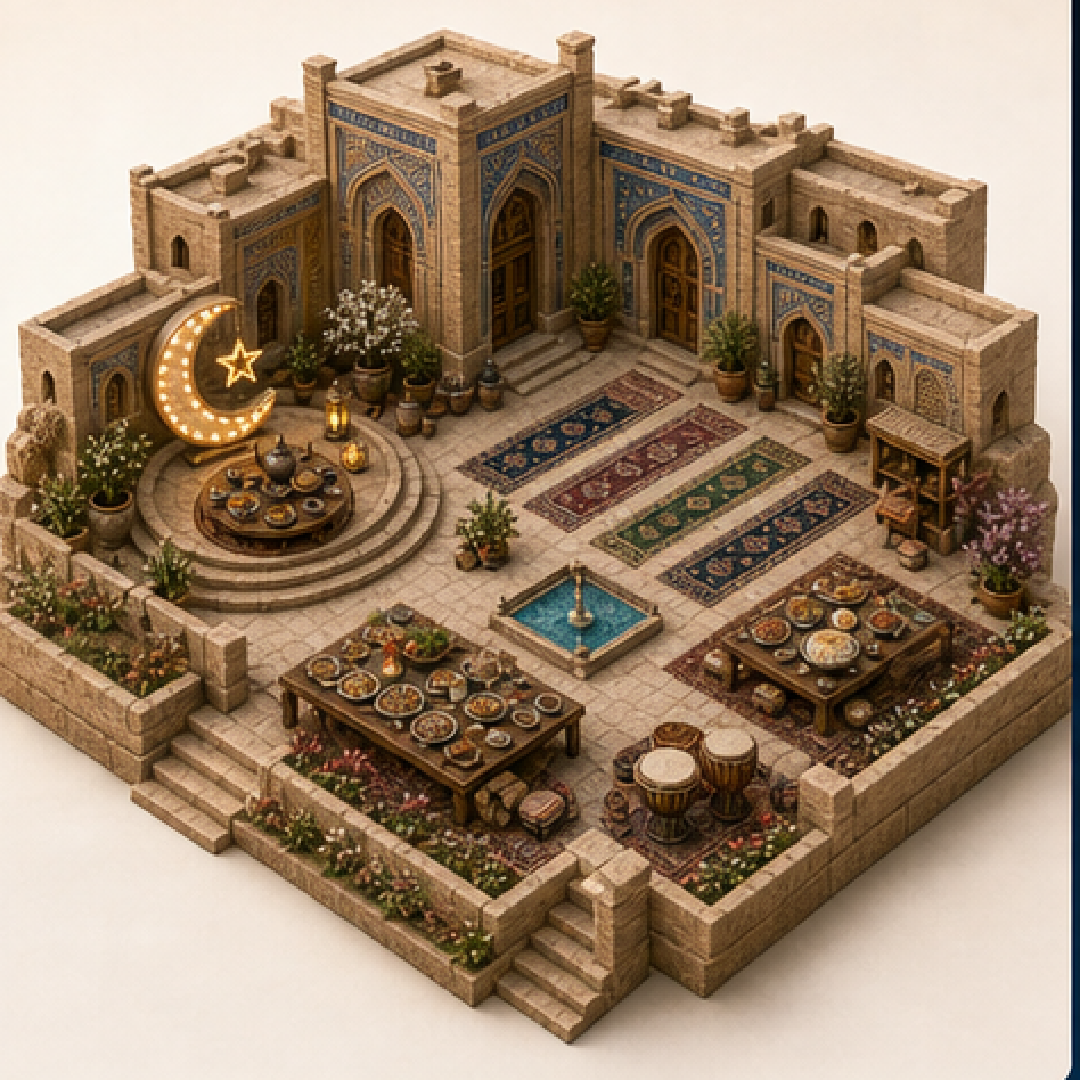 Eid al-Fitr in Herat immersive miniature model with Eid crescent court, Ramadan lantern table, Eid prayer rows, Festival sweets table, Recitation alcove