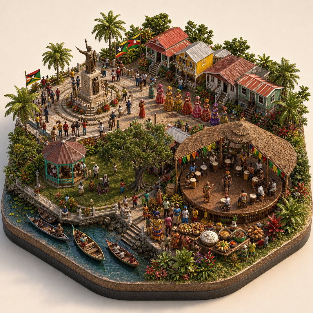 Barima-Waini Afro-Caribbean Emancipation Festival immersive miniature model with Freedom commemoration plaza, Afro-Caribbean dress row, Barima riverside green, Festival rice table, Drum circle stage