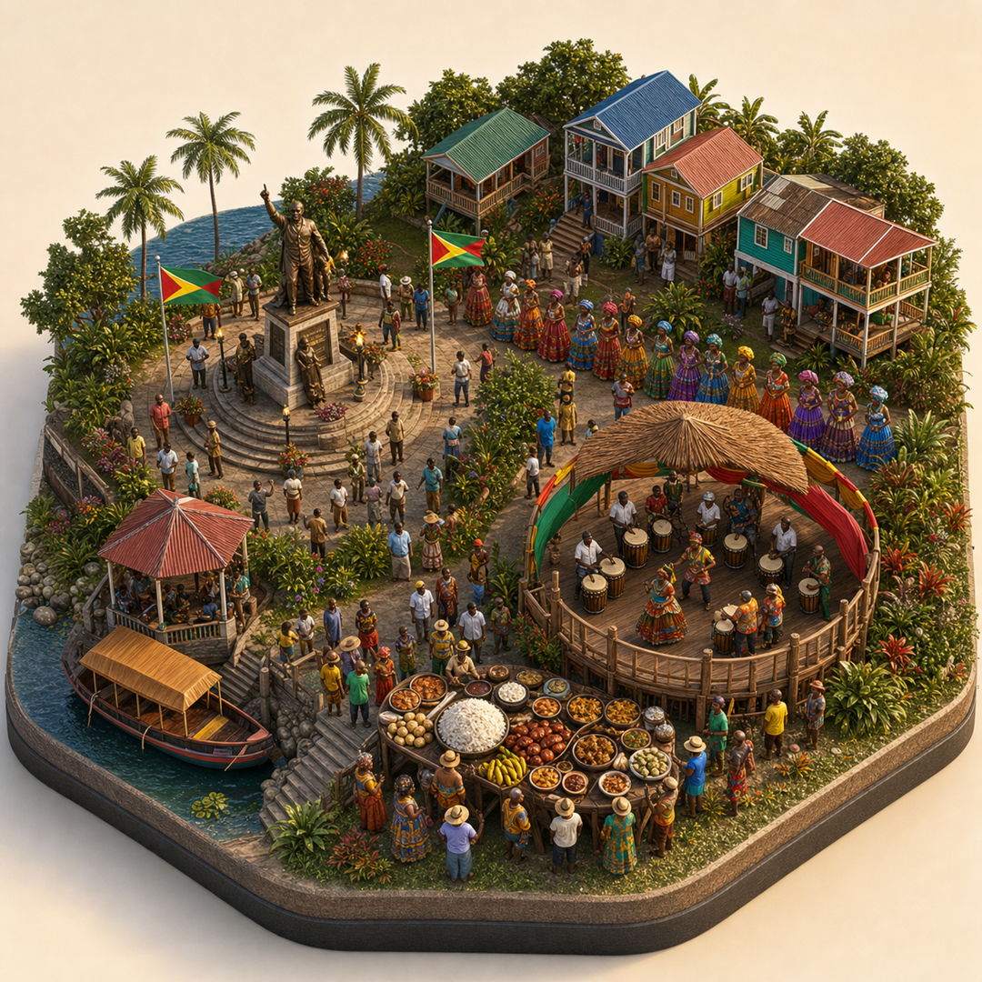 Cuyuni-Mazaruni Afro-Caribbean Emancipation Festival immersive miniature model with Freedom commemoration plaza, Afro-Caribbean dress row, Cuyuni ridge court, Festival rice table, Drum circle stage