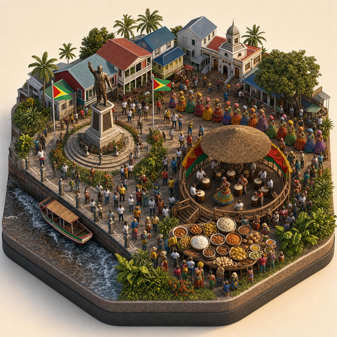 Demerara-Mahaica Afro-Caribbean Emancipation Festival immersive miniature model with Freedom commemoration plaza, Afro-Caribbean dress row, Demerara seawall edge, Festival rice table, Drum circle stage