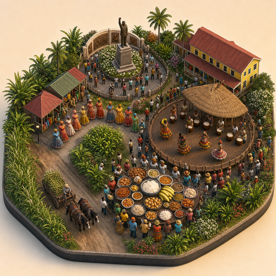 Mahaica-Berbice Afro-Caribbean Emancipation Festival immersive miniature model with Freedom commemoration plaza, Afro-Caribbean dress row, Mahaica cane-road edge, Festival rice table, Drum circle stage