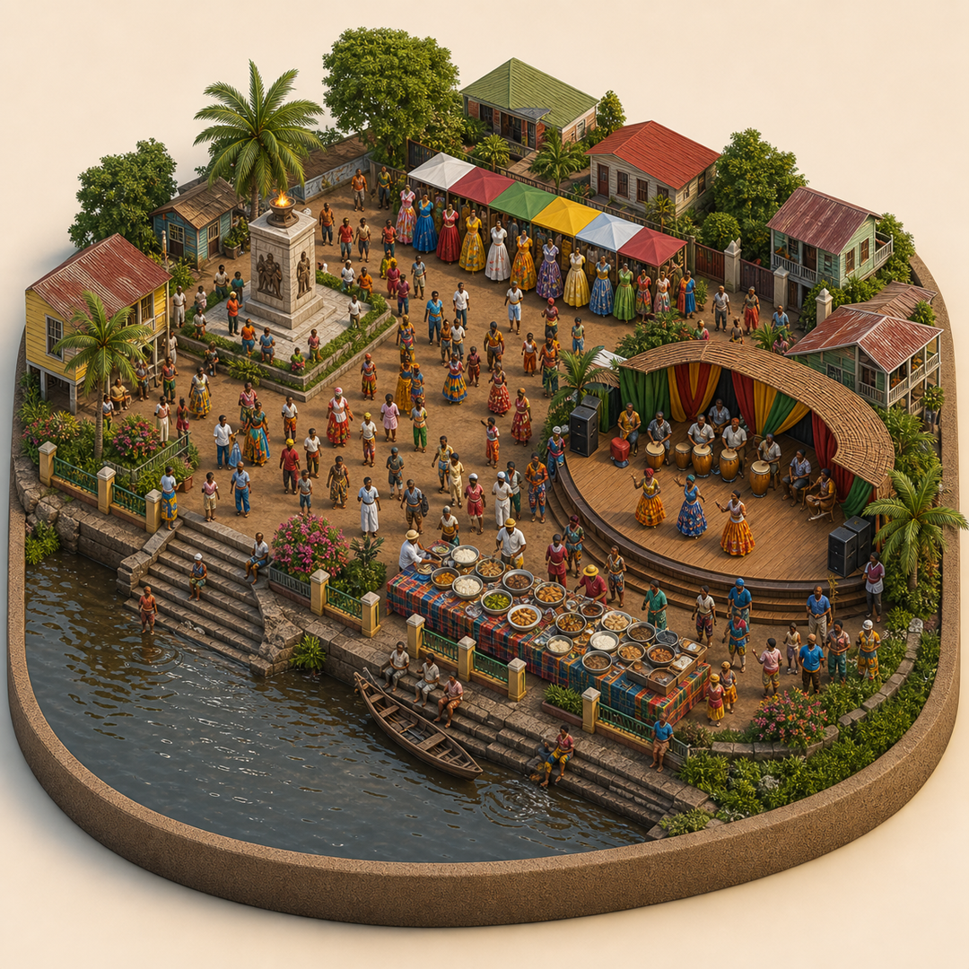 Upper Demerara-Berbice Afro-Caribbean Emancipation Festival immersive miniature model with Freedom commemoration plaza, Afro-Caribbean dress row, Demerara riverside steps, Festival rice table, Drum circle stage