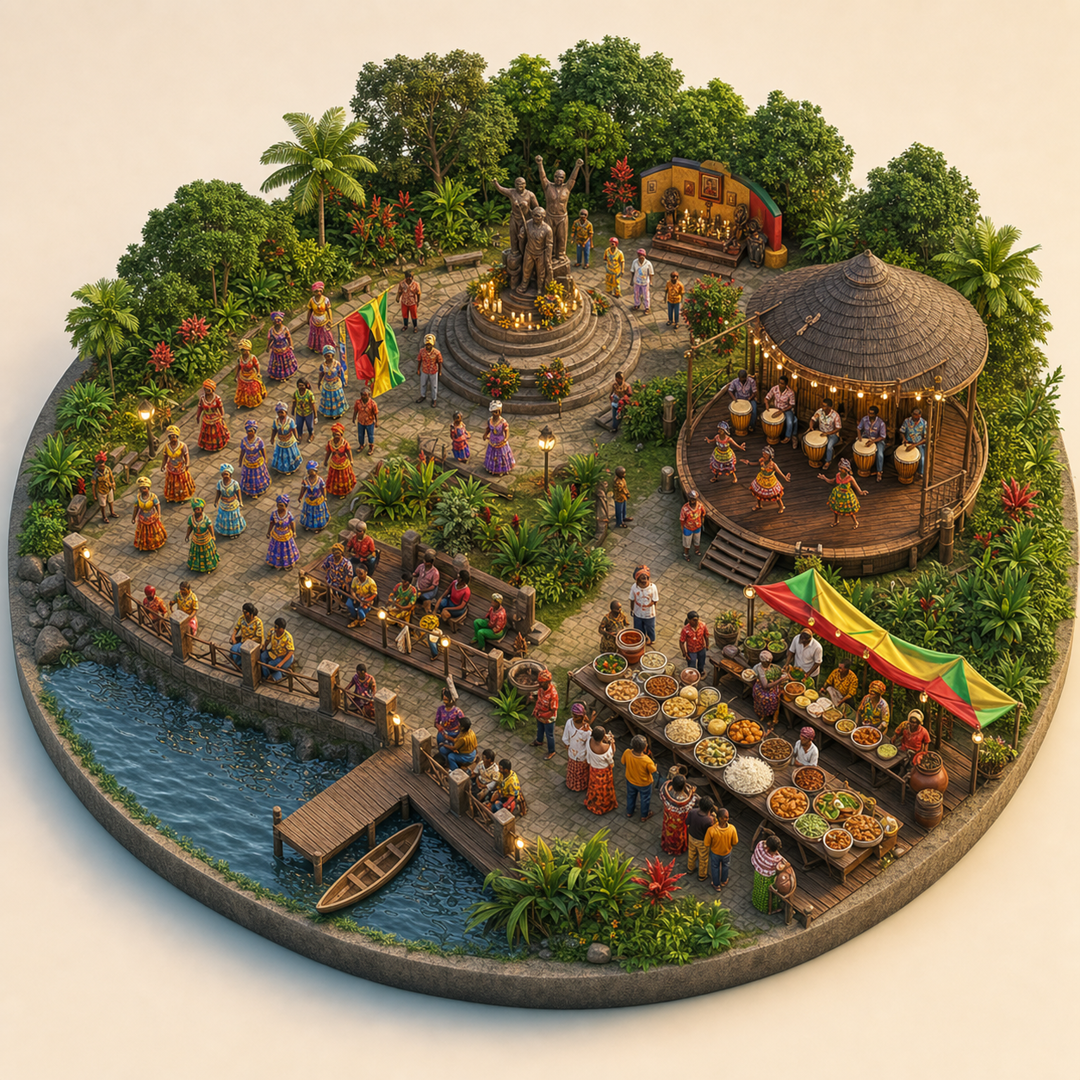 Brokopondo Afro-Caribbean Emancipation Festival immersive miniature model with Freedom commemoration plaza, Afro-Caribbean dress row, Brokopondo lakeside terrace, Festival rice table, Drum circle stage