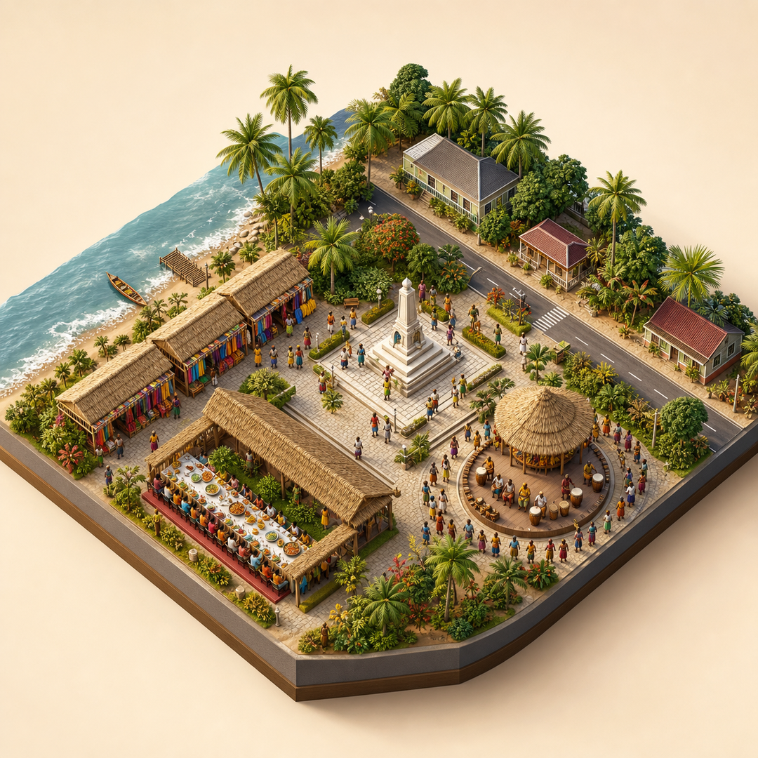 Coronie Afro-Caribbean Emancipation Festival immersive miniature model with Freedom commemoration plaza, Afro-Caribbean dress row, Coronie coconut coast, Festival rice table, Drum circle stage