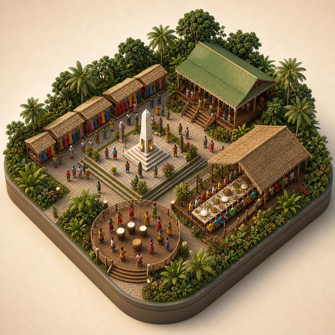 Para Afro-Caribbean Emancipation Festival immersive miniature model with Freedom commemoration plaza, Afro-Caribbean dress row, Para forest pavilion, Festival rice table, Drum circle stage
