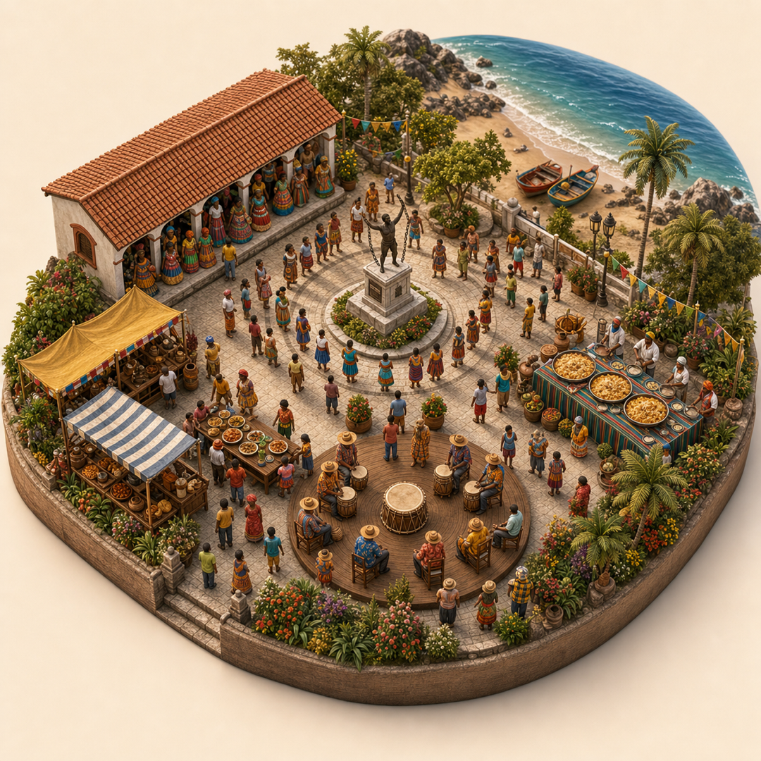 Anzoategui Afro-Caribbean Emancipation Festival immersive miniature model with Freedom commemoration plaza, Afro-Caribbean dress row, Anzoategui coast, Festival rice table, Drum circle stage