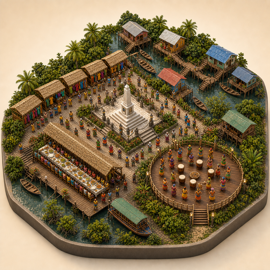 Delta Amacuro Afro-Caribbean Emancipation Festival immersive miniature model with Freedom commemoration plaza, Afro-Caribbean dress row, Delta Amacuro stilt delta, Festival rice table, Drum circle stage