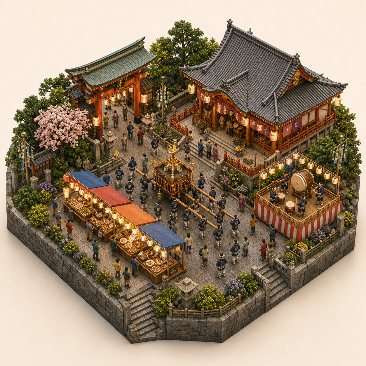 Aizen Festival miniature festival model with Shrine entrance, Aizen temple hall, Palanquin procession route, Osaka food stalls, Temple drum corner