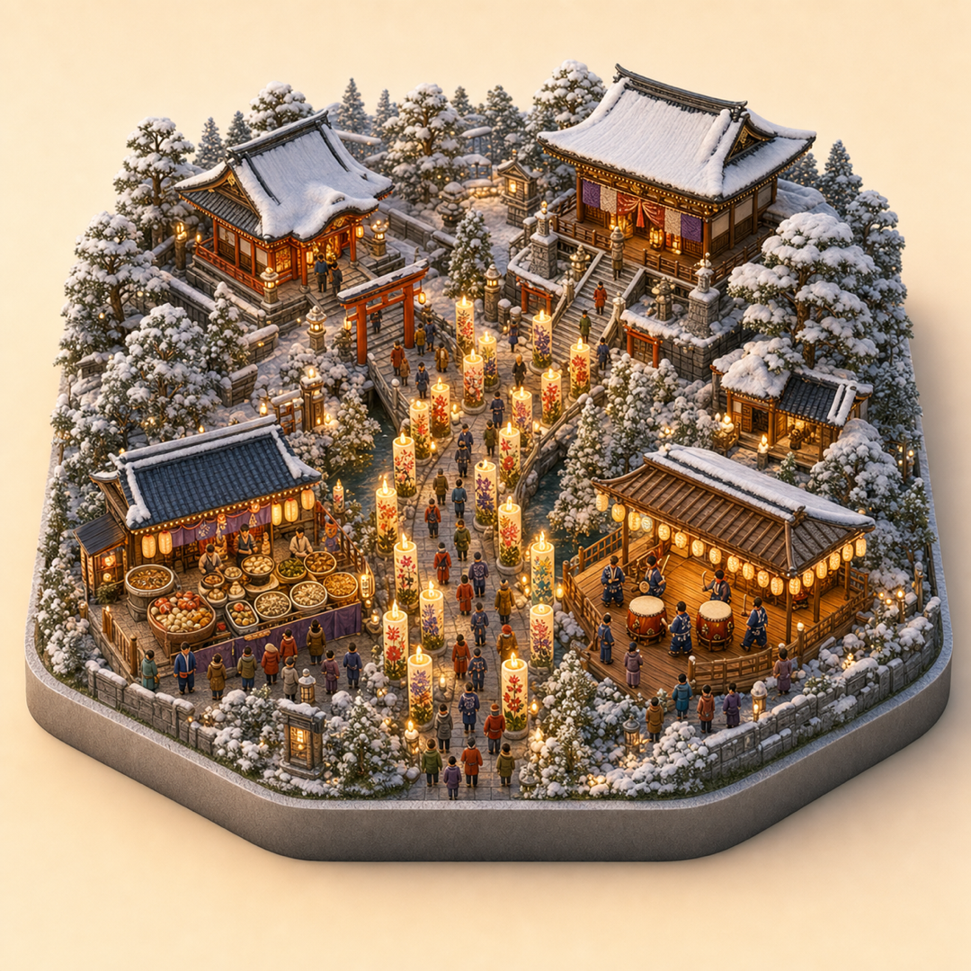 Aizu Painted Candle Festival immersive miniature model with shrine cue, temple cue, painted candle procession, street food table, and taiko drumming corner