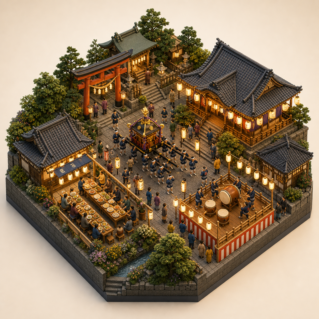 Aizu Tajima Gion Festival miniature festival model with Shrine gate, Temple eaves, Portable shrine procession, Festival food table, Taiko drum platform