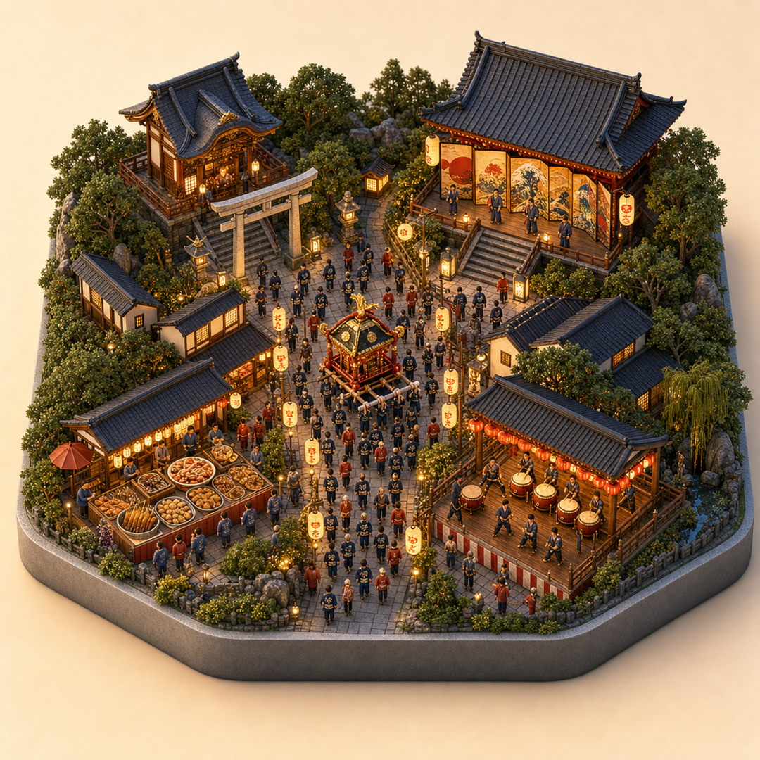 Akagoka Ekin Festival immersive miniature model with shrine cue, temple cue, portable shrine procession, street food table, and taiko drumming corner