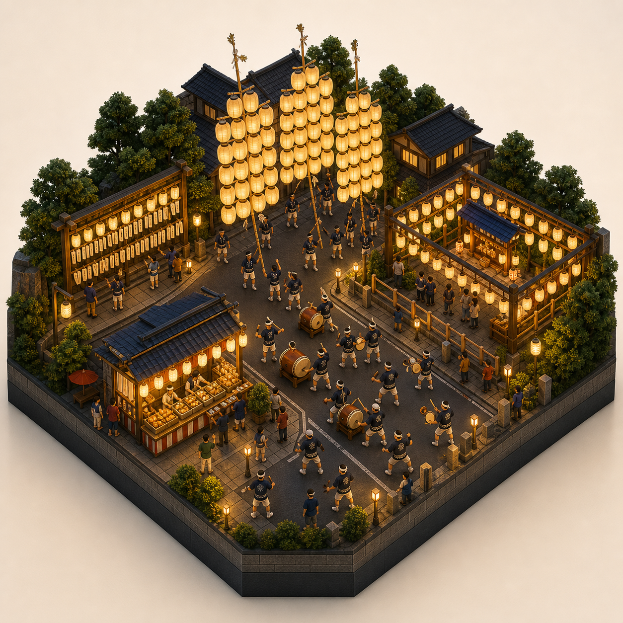 Akita Kanto Festival miniature festival model with Kanto lantern poles, Lantern rail, Prayer lantern court, Night street food stall, Procession drumming line