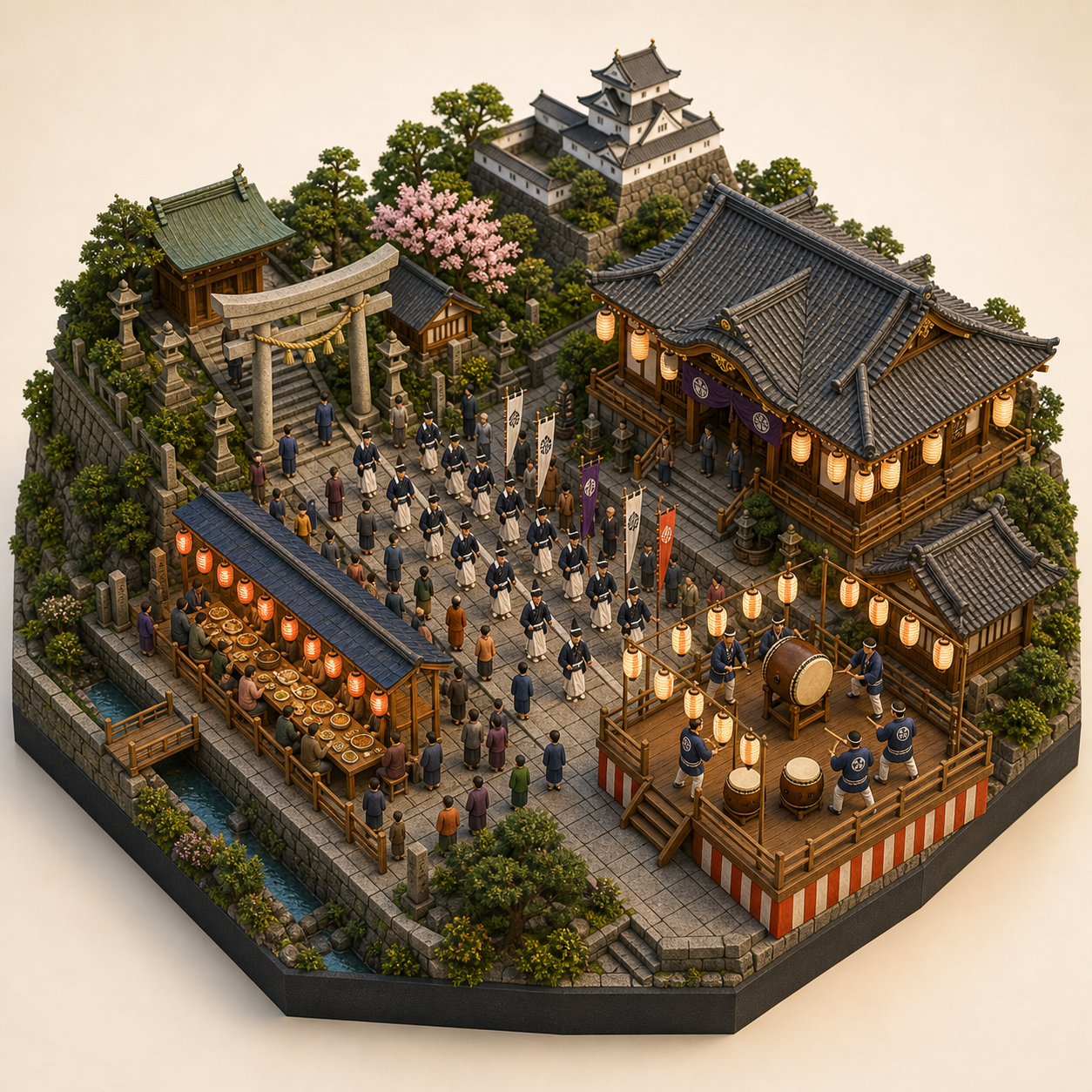 Ako Gishi Festival miniature festival model with Shrine approach, Temple roof, Gishi procession, Street food table, Drum platform