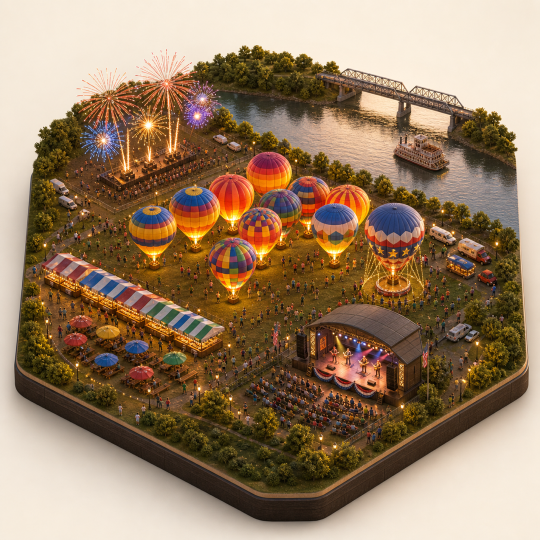 Miniature model visual journey for Alabama Jubilee Hot Air Balloon Classic, with five clickable festival zones.
