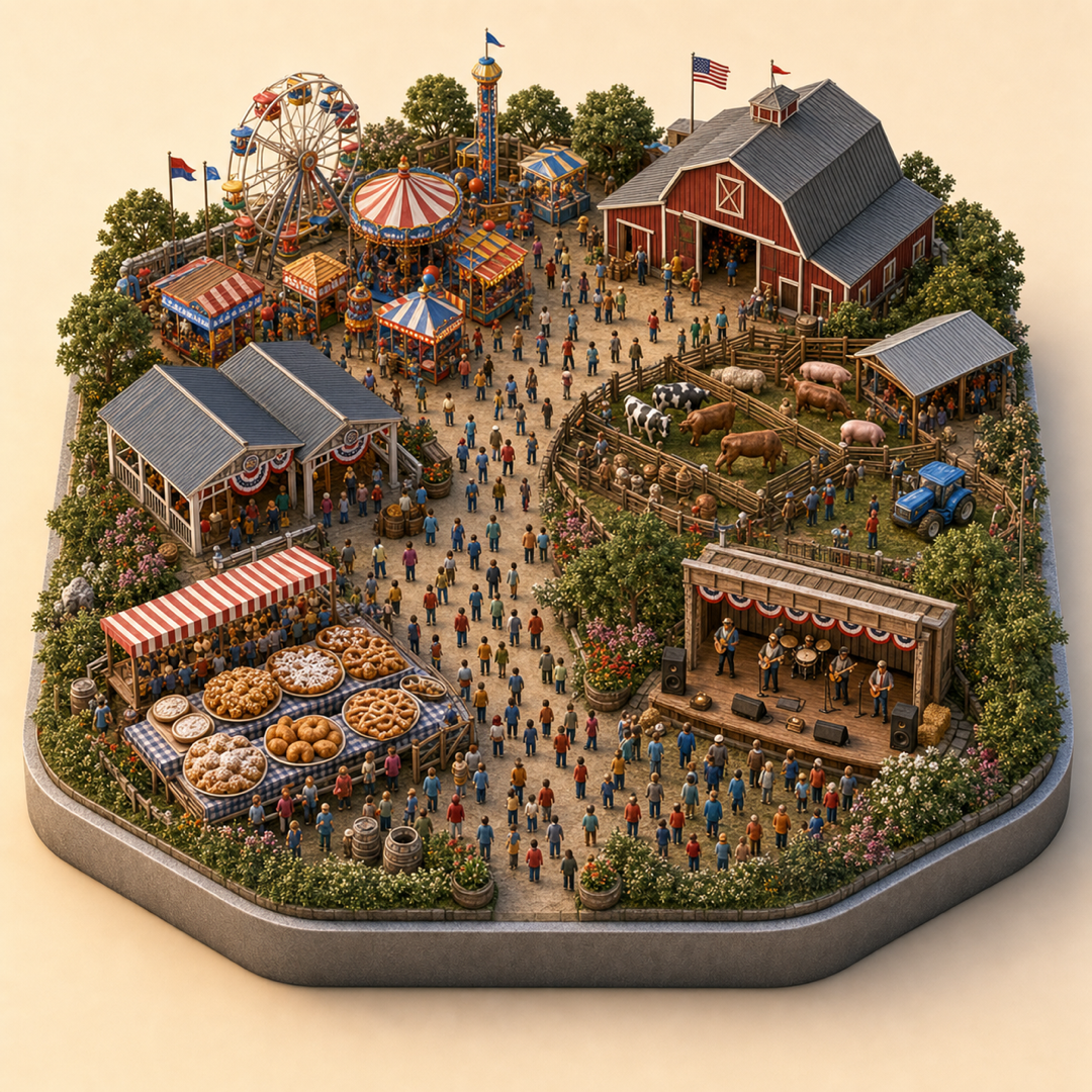 Alabama State Fair immersive miniature model with state fair cue, county fair cue, agricultural exhibit barns, fried dough table, and country music corner