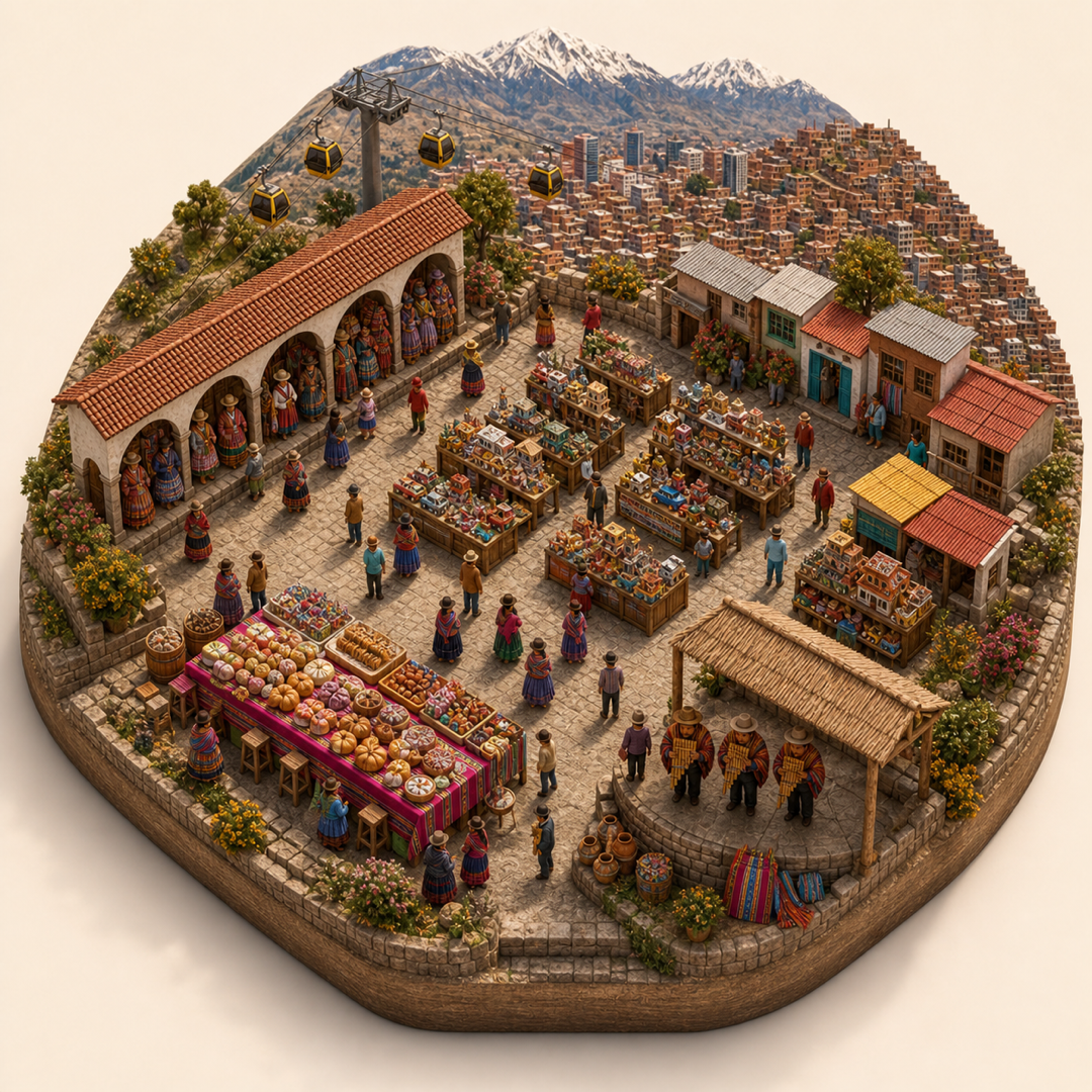 Alasita Miniature Wish Fair immersive miniature model with Regional dress arcade, Miniature wish market, La Paz hillside, Pastry wish table, Panpipe music corner