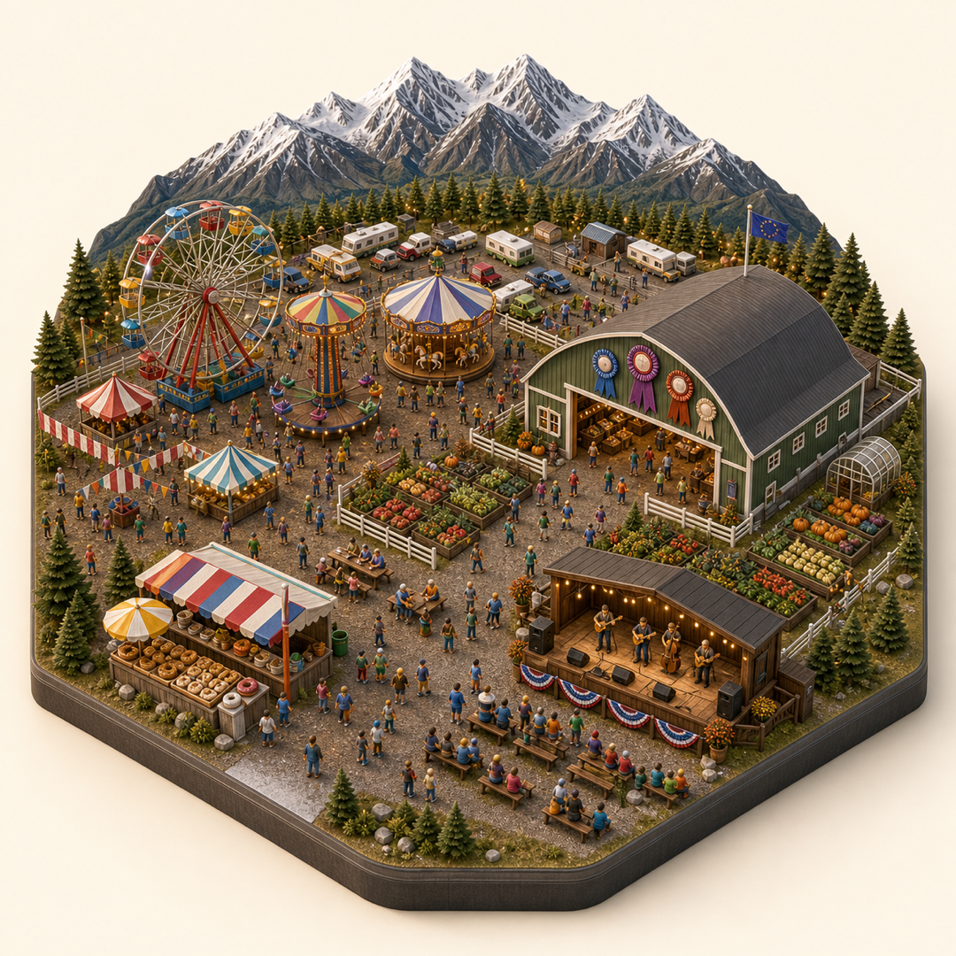 Miniature model visual journey for Alaska State Fair, with five clickable festival zones.