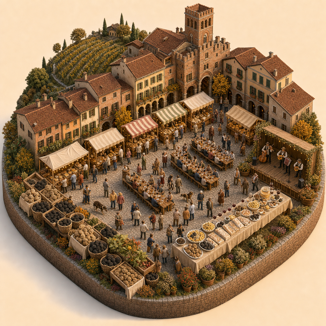 Alba White Truffle Fair immersive miniature model visual journey with Food market stalls, Market lane, Local food stalls, Regional specialties table, Street music corner