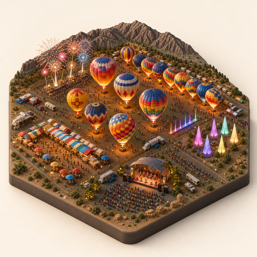 Miniature model visual journey for Albuquerque International Balloon Fiesta, with five clickable festival zones.